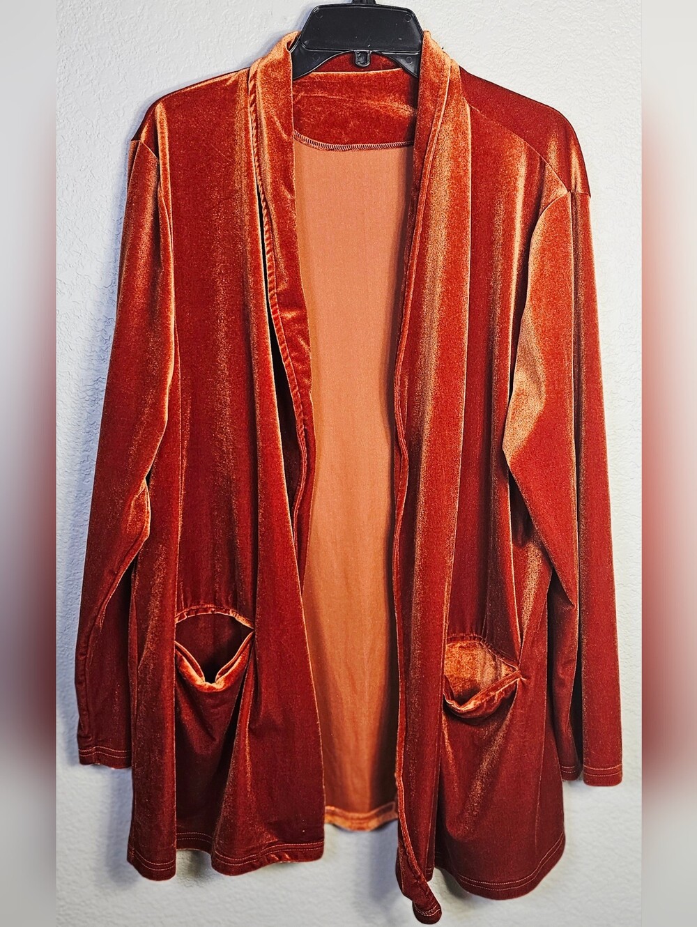 Rust Velvet Cardigan Duster Open Front Pockets 2XL Plus Size Soft Stretch